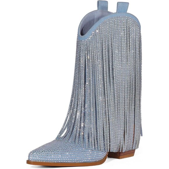 Women's Denim Rhinestone Sparkly Fringe Chunky Heel Pointed Toe Ankle Boots - Picture 1 of 7